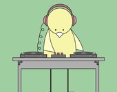 Music Nursery, Art Print, Bird Spinning Vinyl, Green, Baby Nursery Decor, Kid's Wall Art, DJ Baby