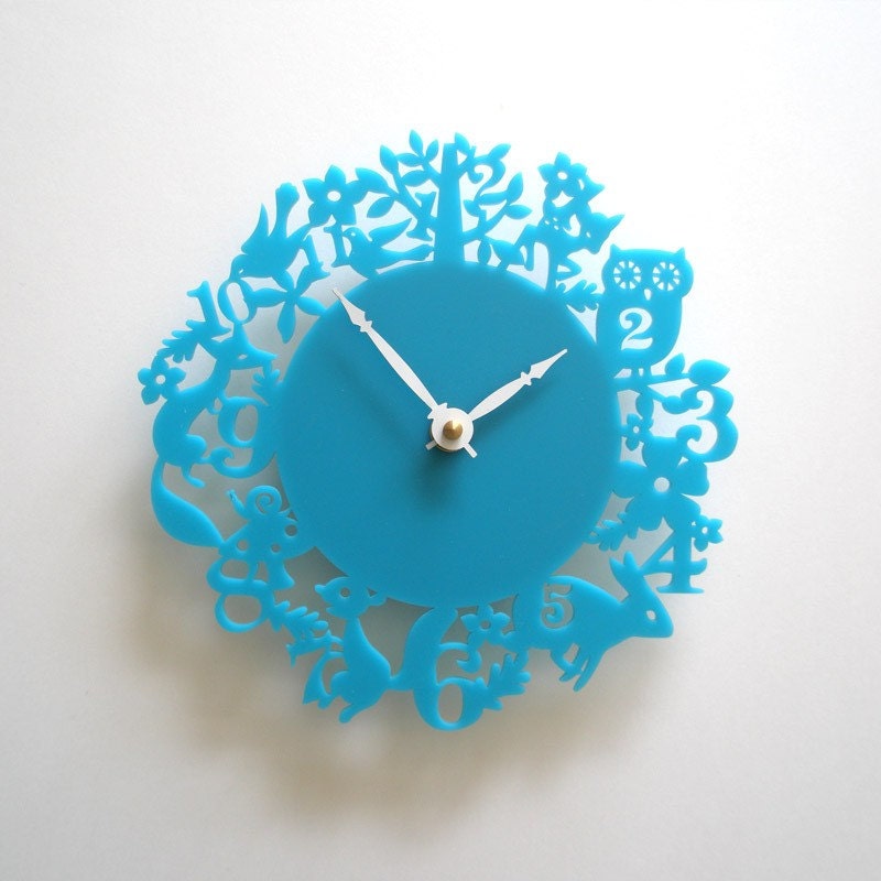 Modern Wall Clock - It's my forest - Turquoise acrylic
