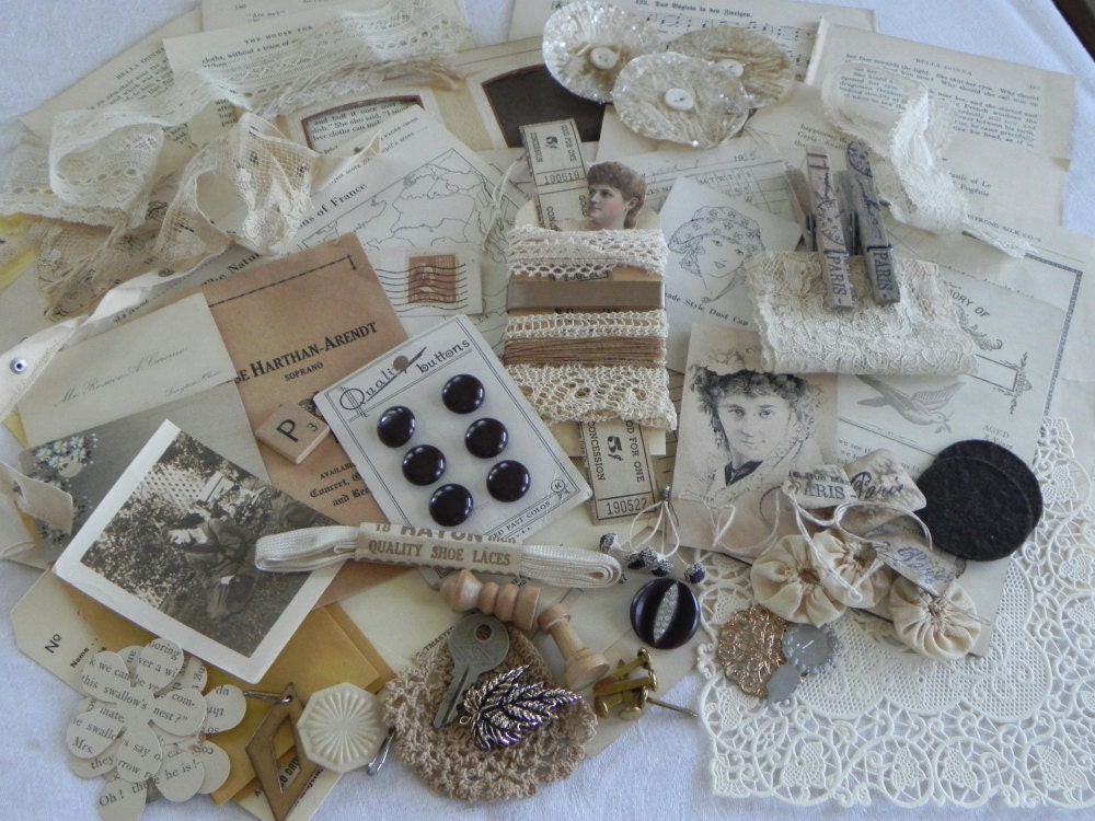 Reserved for MAUREEN Sepia & Ivory Paris Vintage Finds Art Kit Mixed Media Crafts Altered Paperie Supplies OOAK