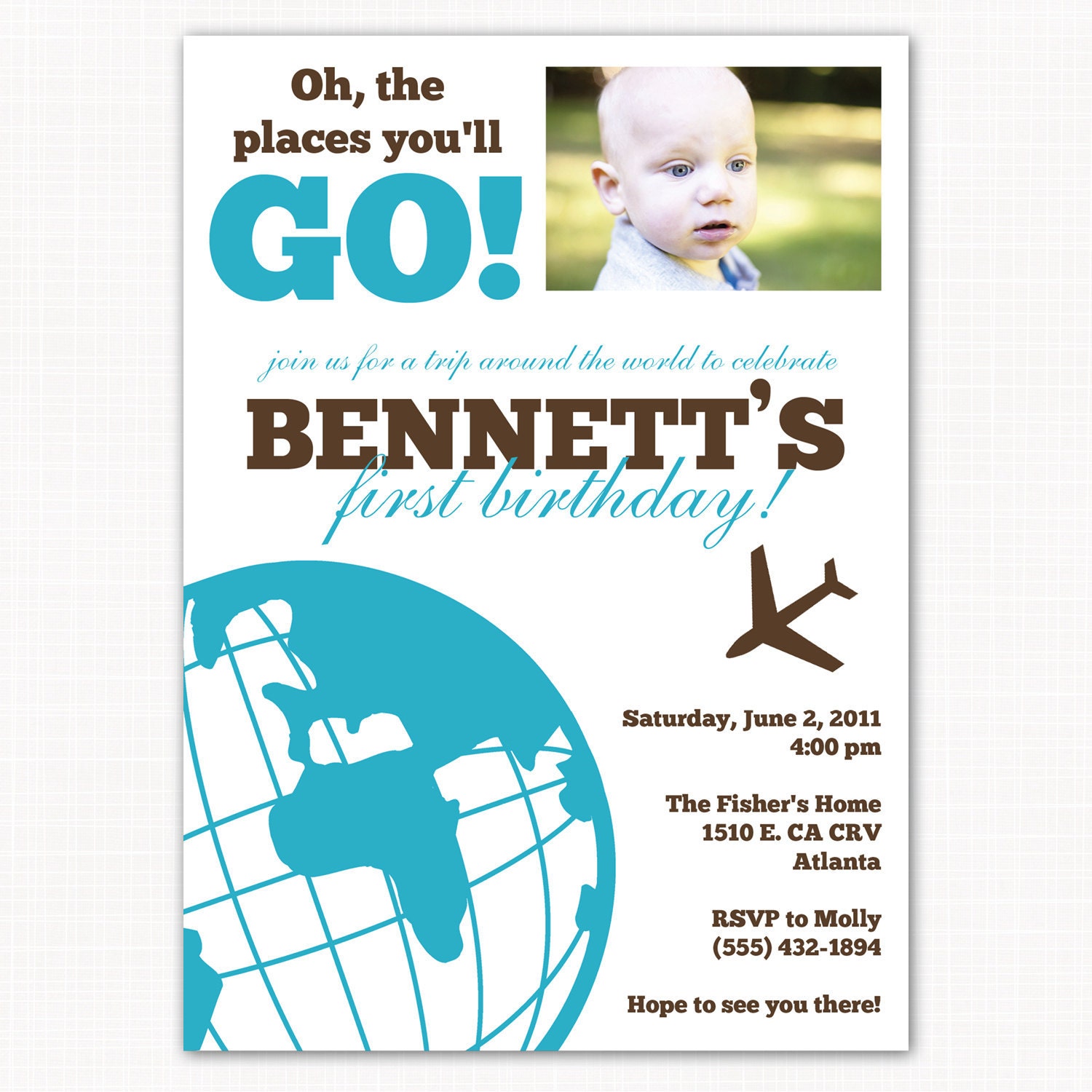 the places you'll go first birthday party invitation, airplane and globe