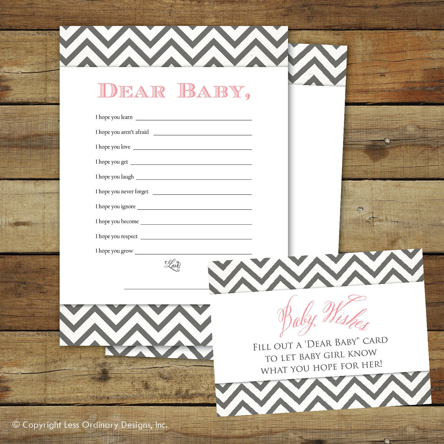 Printable baby shower game, instant download, Wishes for Baby, pink & gray chevron