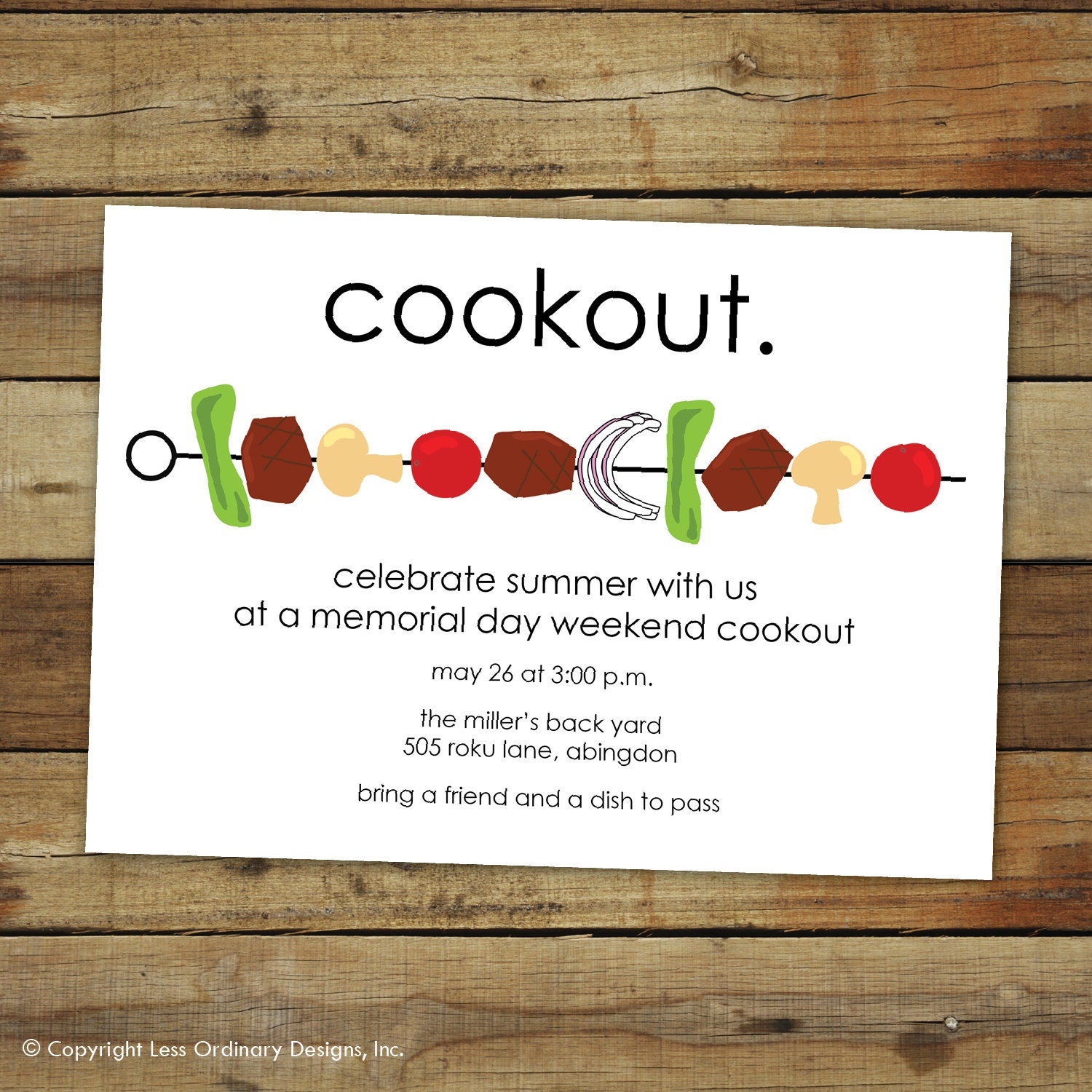 Modern shish kabob cookout or barbecue invitation, fourth of july, memorial day or labor day