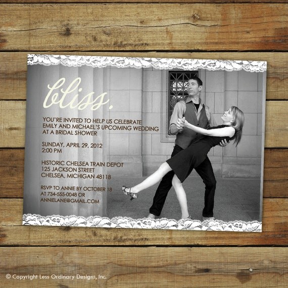 bliss wedding shower invitation, bridal shower, lace, photo card