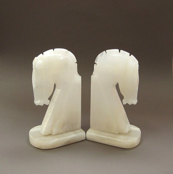 Horse Head Bookends - 1960s Vintage White Marble Pair - Hand Carved