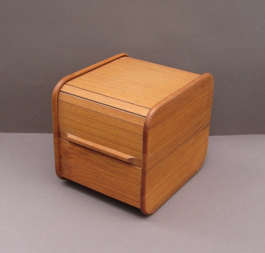 Vintage Teak Roll Top Storage Box - Modern Design Tambour Box