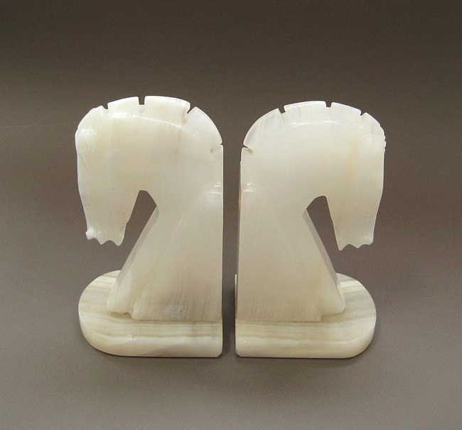 Horse Head Bookends - 1960s Vintage White Marble Pair - Hand Carved