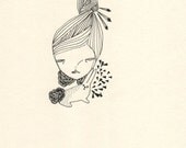 original illustration drawing ink on paper girl with bunny rabbit, a bunny someday