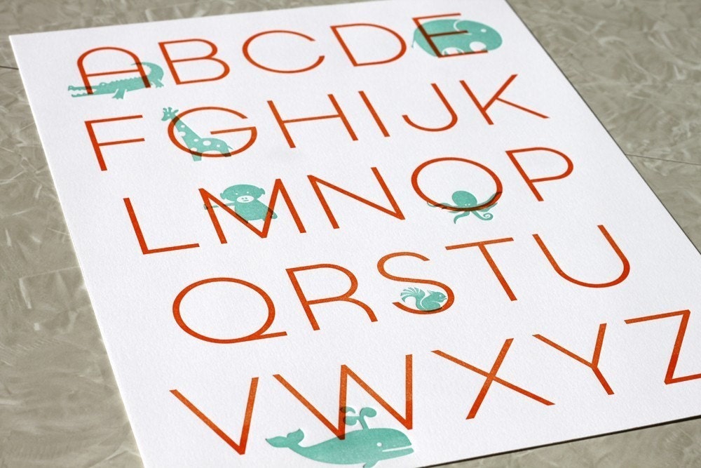 Letterpress Alphabet Poster. Modern Design. Tangerine/Aqua. 11 x 14
