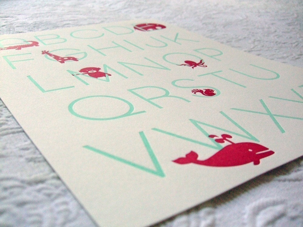 Letterpress Alphabet Poster. Modern Design. Crimson Red and Light Turquoise.