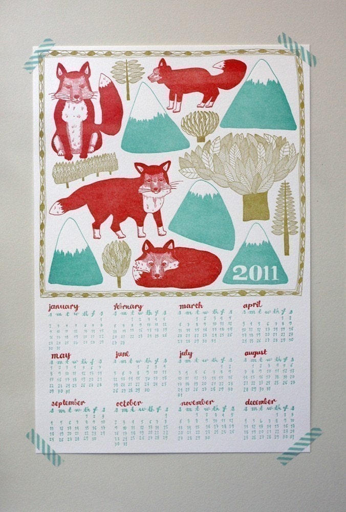 Letterpress 2011 Wall Art Calendar. Foxes, Trees, and Mountains