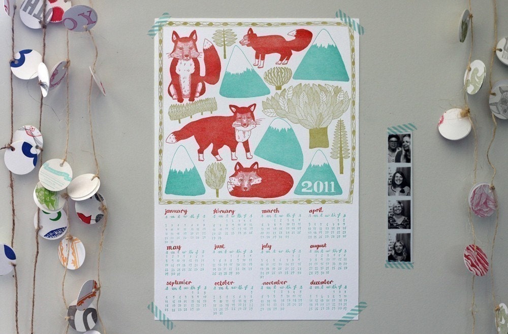 Letterpress 2011 Wall Art Calendar. Foxes, Trees, and Mountains