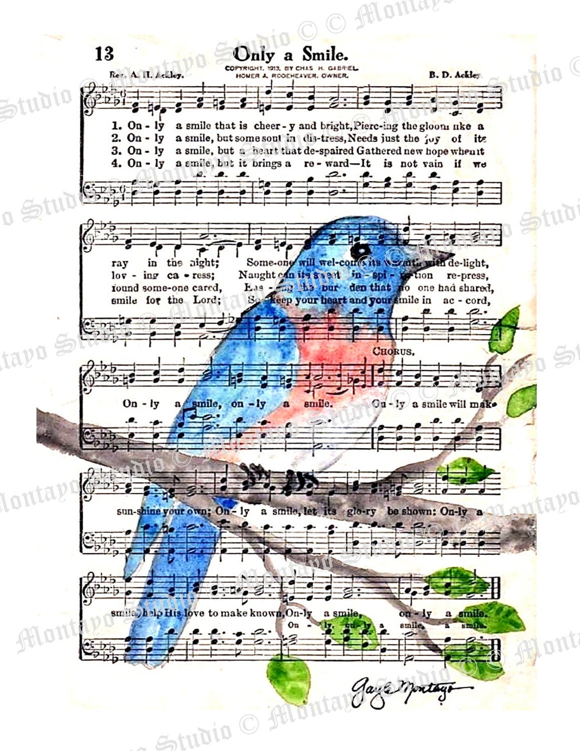 BLUEBIRD  Art Print   5x7  Only A Smile  Hymn