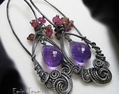 Amethyst Pink Tourmaline Garnet Oxidized Sterling Silver Long Earrings