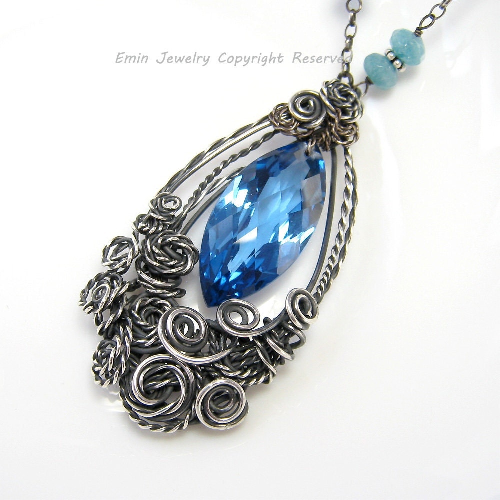 Antique Wire Wrapped London Blue Topaz Pendant Necklace