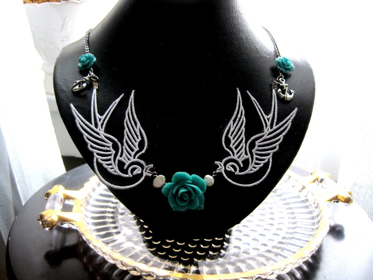 Teal Roses and Tattoo Swallow Necklace