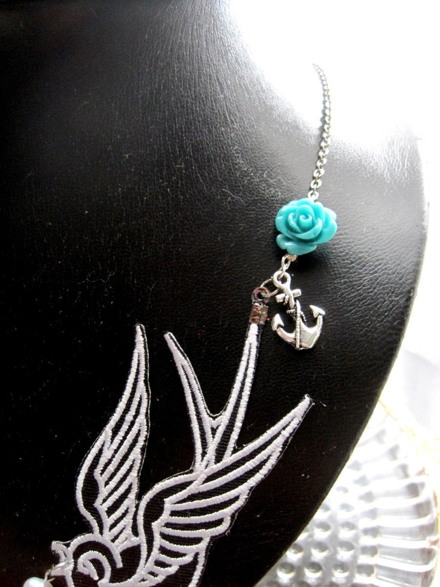 Teal Roses and Tattoo Swallow Necklace