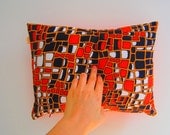 Pillow cover vintage fabric Orange black white red pattern Retro Funky bachelor pad pillow case eco friendly