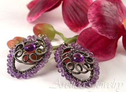 Gemstone jewelry purple earrings Amethyst earrings oxidized sterling silver - women fashion plum violet purple gemstone rusteam oht - Niolle