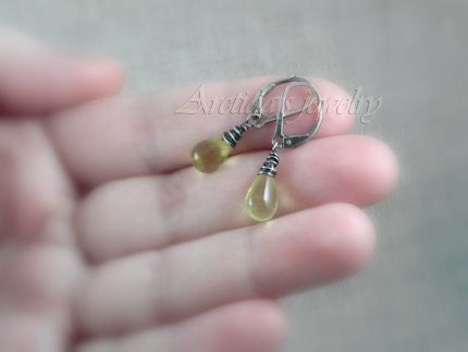 Rustic earrings Lemon Quartz earrings oxidized blackened sterling silver - Women autumn fall fashion yellow lime green jewel stones - Eliza