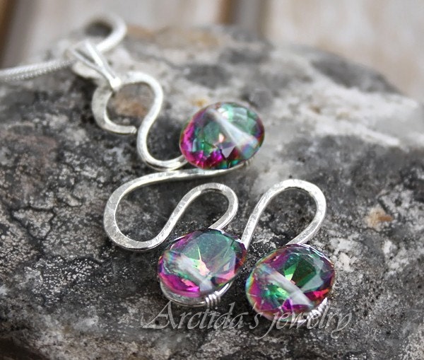 Peacock jewelry Mystic Quartz pendant necklace sterling silver - autumn wedding fall harvest women fashion teal green purple gemstone - Juno