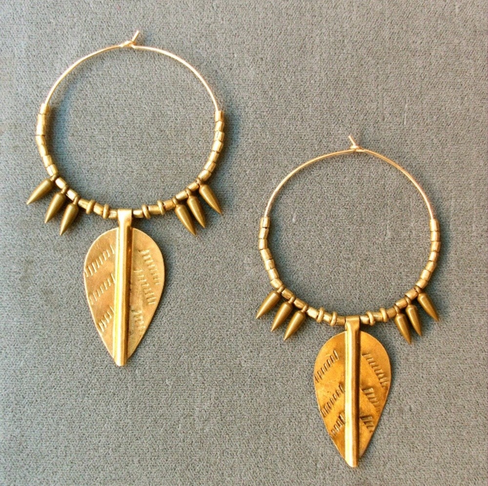 Ethnic Gold Filled Brass Leaf Hoops / Free US Shipping