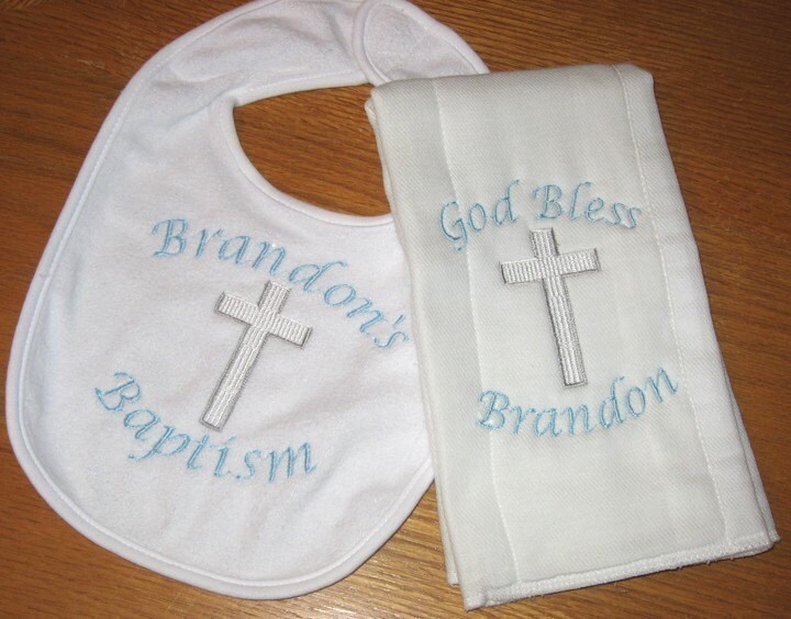 Baby Baptism or Christening Gift Personalized Embroidery Bib Burpcloth Customized with Name or Saying or other Occasion Boy or Girl