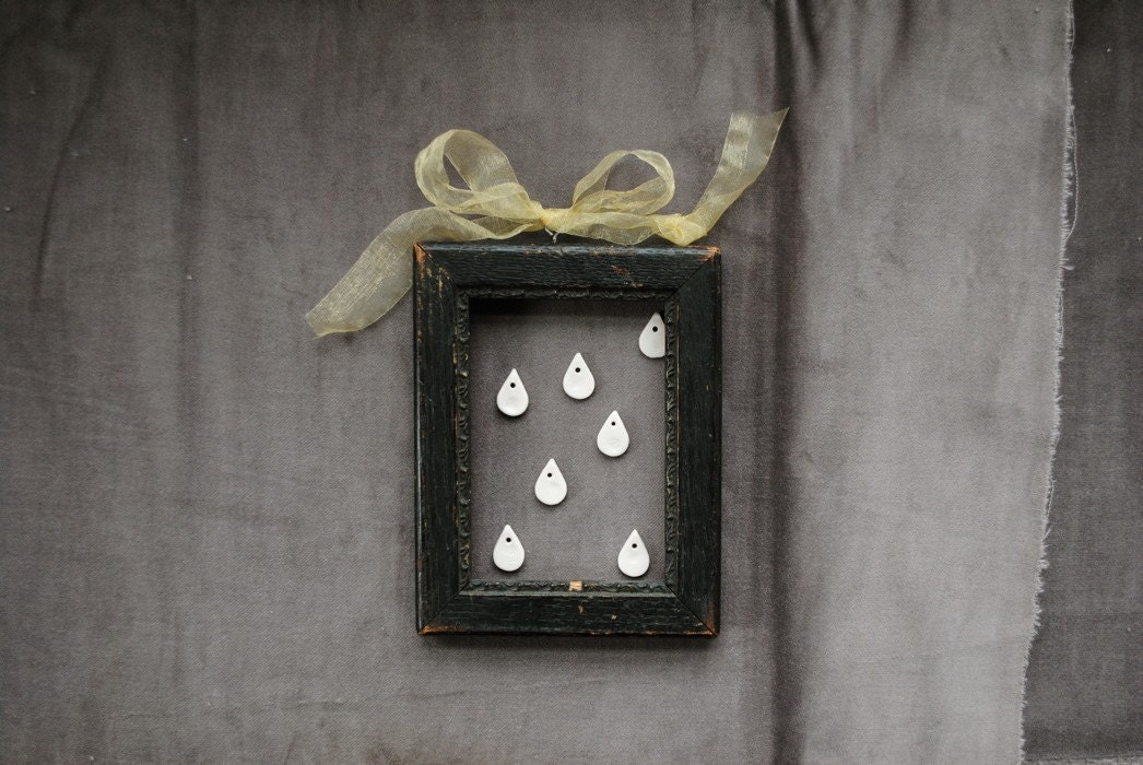 raindrop teardrop porcelain pendant tiny white on cotton cord