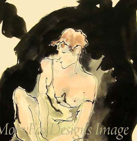 Art -- MEDITATING NUDE, Portrait, Fine Art Print, Pen and Ink, Red Hair, Peach, Black, Quiet, Fits 11 x 14 Inch  Frame Free US Shipping