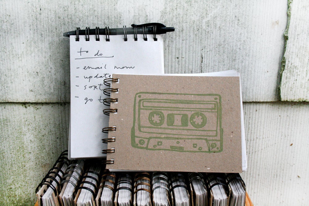 Screen-Printed Mix Tape in Green - Wire-Bound Recycled Notebook