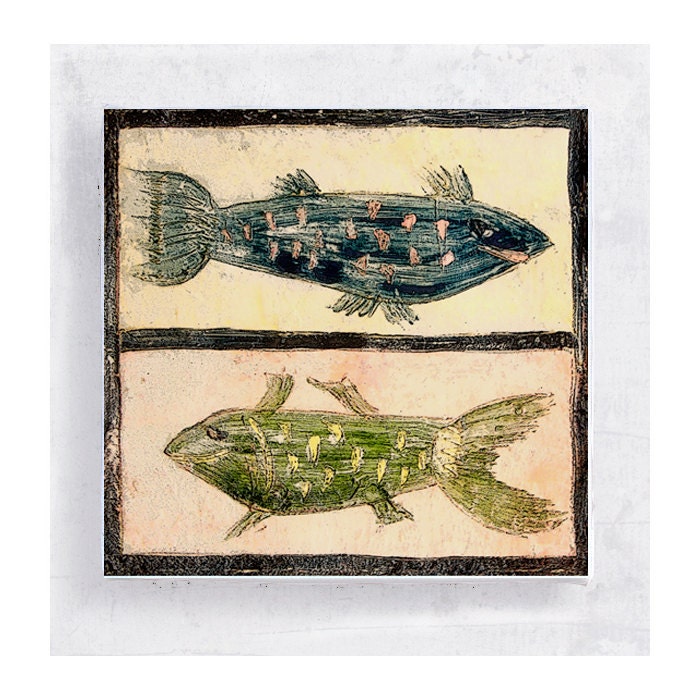 Green and Blue Fish on 5x5 Canvas Print Block - Beware of Fish  -  Surreal - Wall Art - Nursery Art