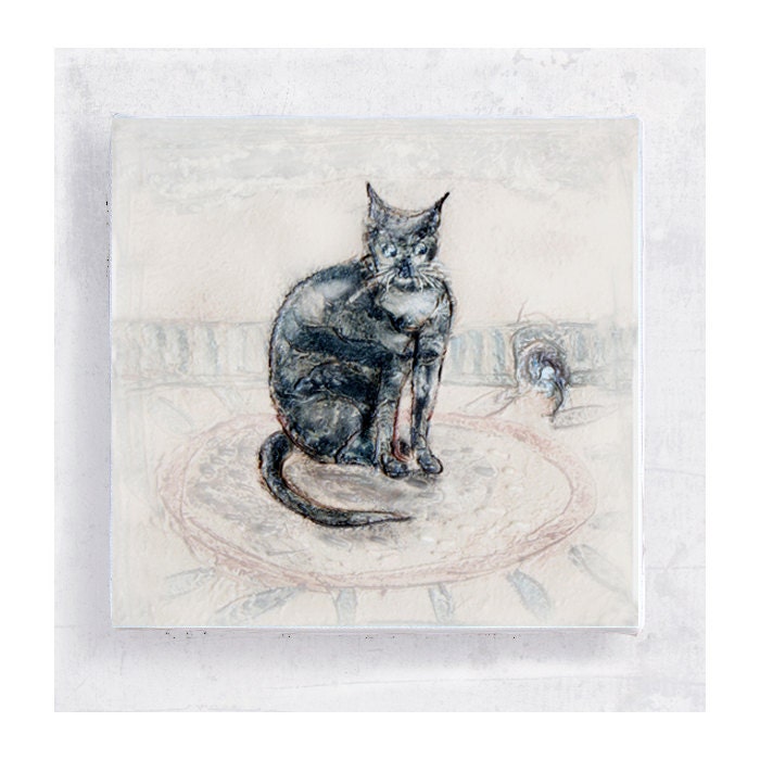 Blue Tabby Cat and Mouse  5x5 Art Block - I Think I Saw A Mouse - Animal Portrait - Wall Art - Home Decor