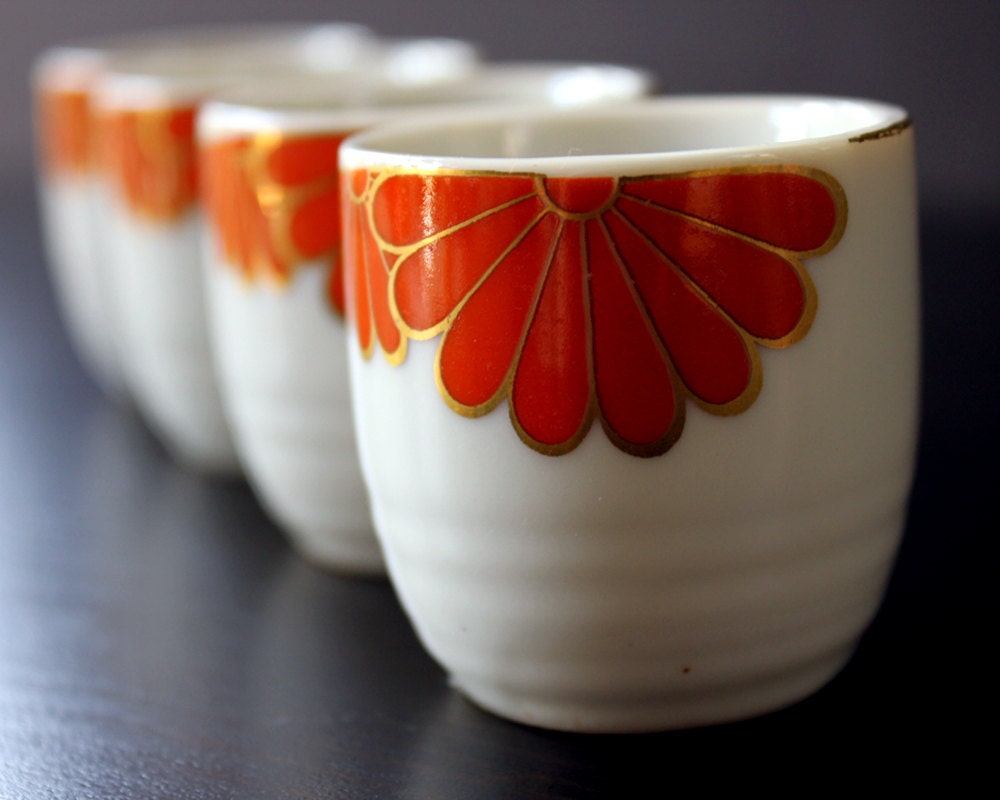 Vintage Sake Cups - Four Matching Cups with Orange and Gold Flower Design - jillhannah
