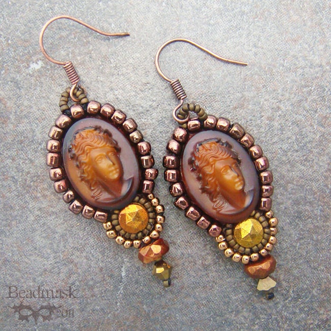 Bead Embroidered Vintage Cameo Earrings In Matte Brown Brass And Bronze