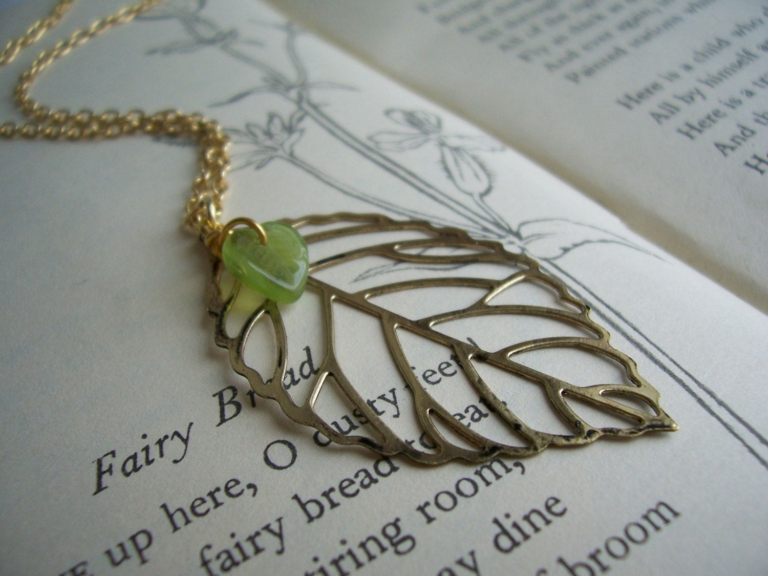 Garden days necklace - gold filigree leaf pendant and green leaf charm - handmade