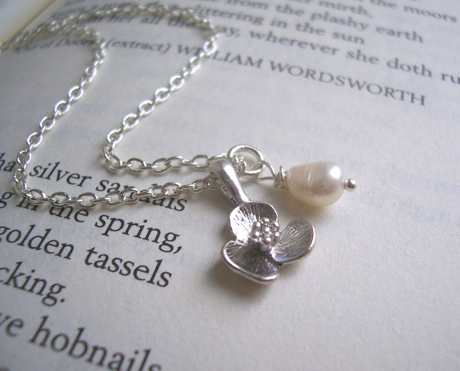 Silver Blossom necklace - silver flower charm and freshwater pearl - handmade