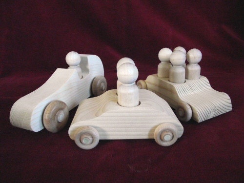 Set of Three Unfinished Cars with Peg People
