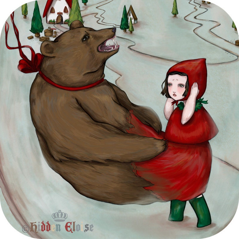 Storybook Art Print Bear and Girl illustration Whimsical art Scary Fairytale artwork - Hear no Evil