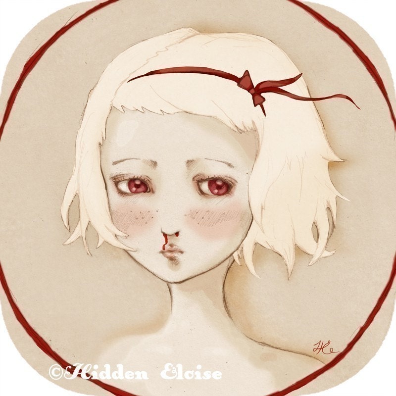 Blond girl portrait art print Bloody nose drawing illustration Red ribbon longing valentine gift missing you thinking of you wall decor