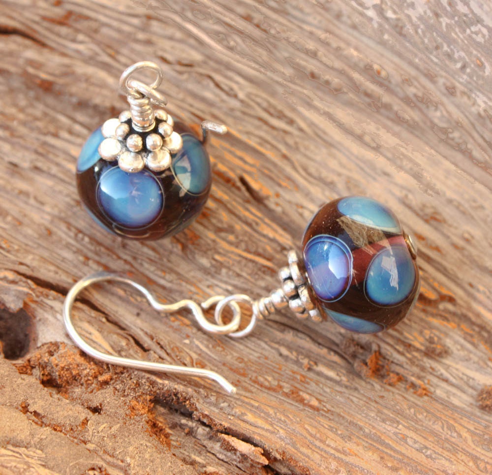 Purple with Bright Blue Spots Lampwork Earrings