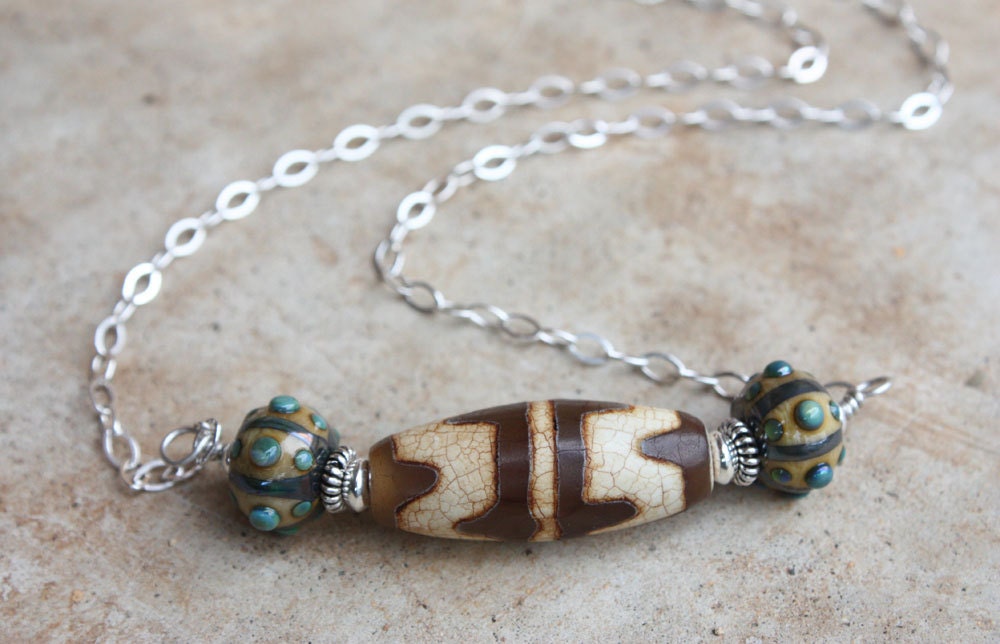 Tibetan Painted Agate and Lampwork Bead Necklace Tribal