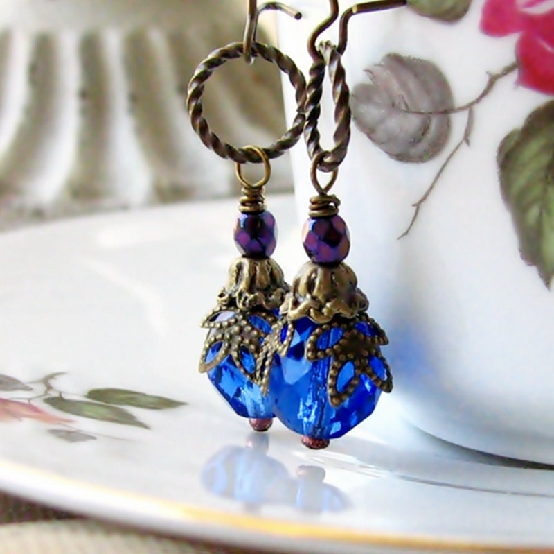 SALE - Sarina Mata Hari Sapphire Blue Czech Glass Antiqued Brass Boho Chic Earrings