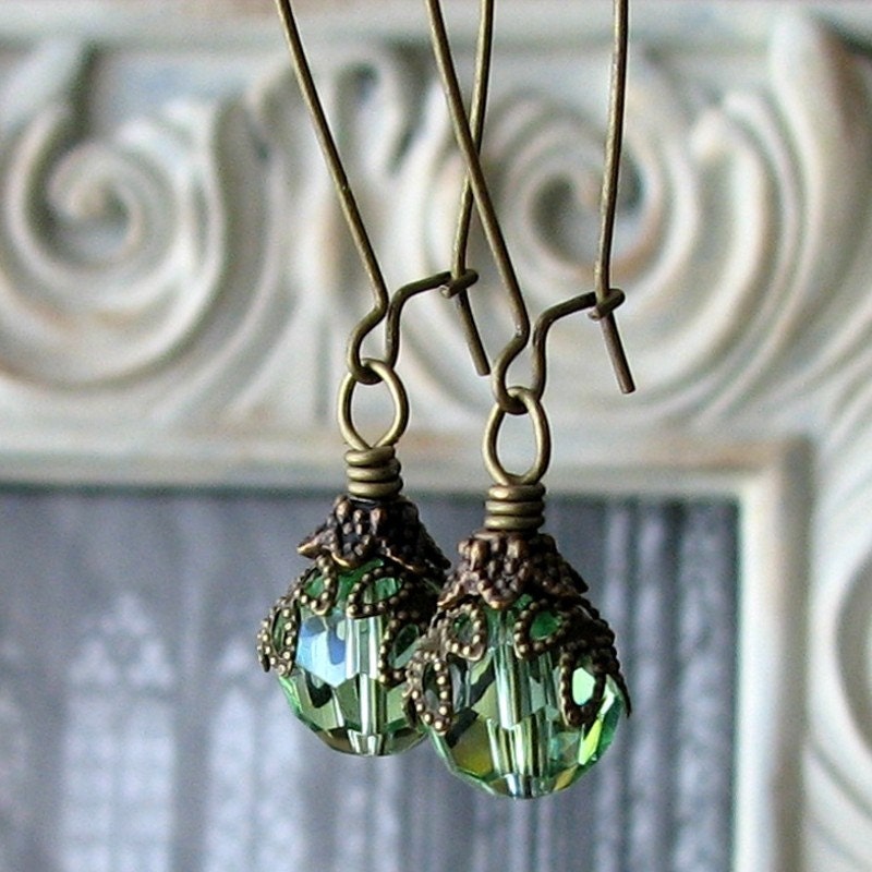 SALE - AURORA Dark Romance Green Glass Boho Antiqued Brass Earrings