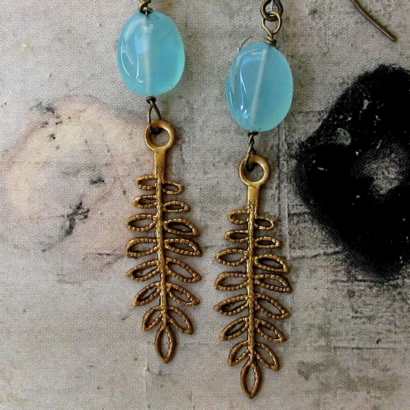 FREE SHIPPING - Lexi London Luxe Ocean Blue Chalcedony Sprig Leaf Earrings