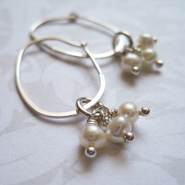 Hoop Earrings - WHITE Fresh Water Pearl Cluster