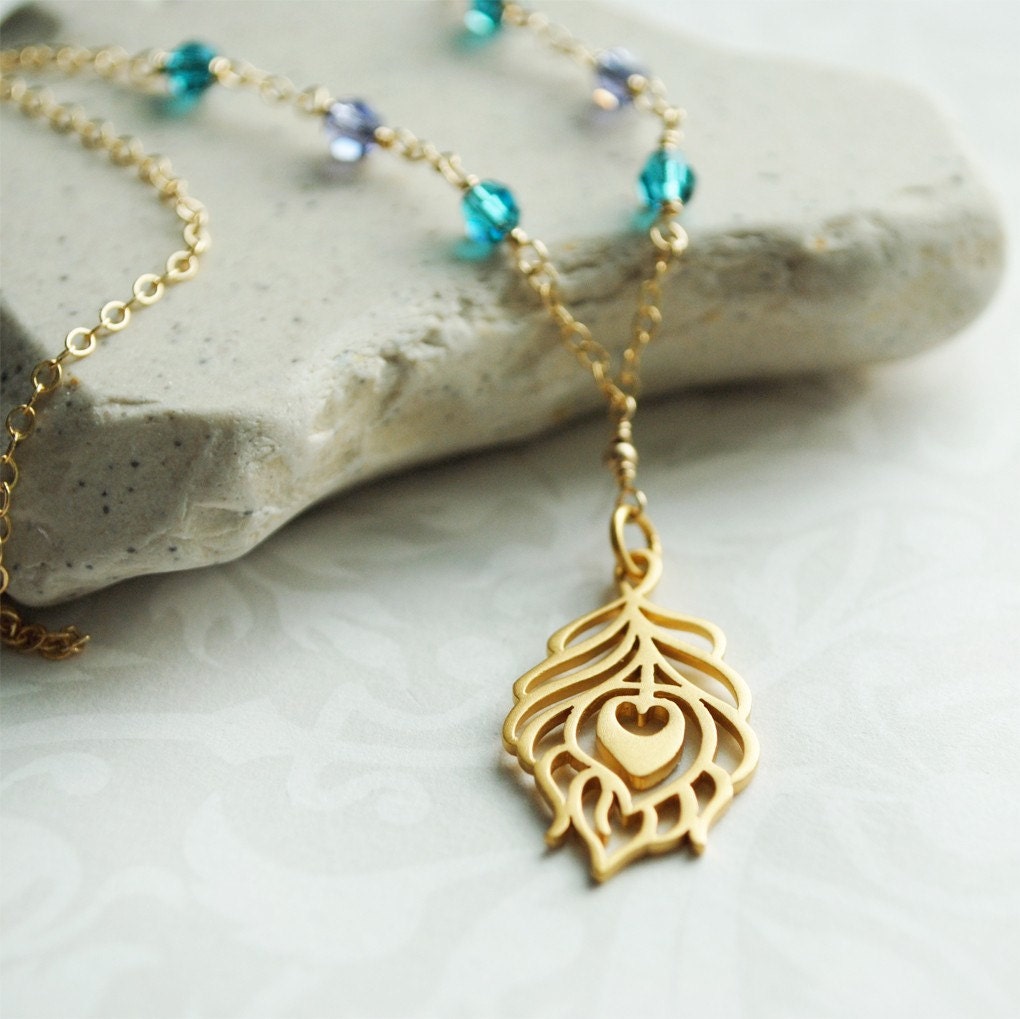 Peacock Feather Necklace - Gold with Crystals