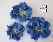 3 royal Blue CRINKLED velvet flower embellishments - Millinery, Altered Couture, Hair Flowers
