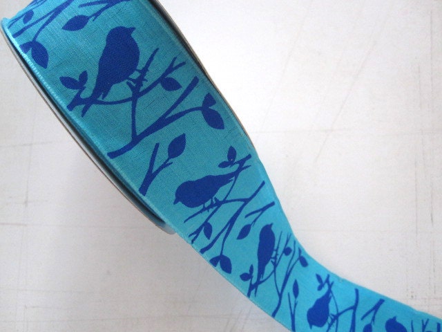 Bird Ribbon - Turquoise and Royal Blue - 5 yards - 1.5 inches wide - wired edge
