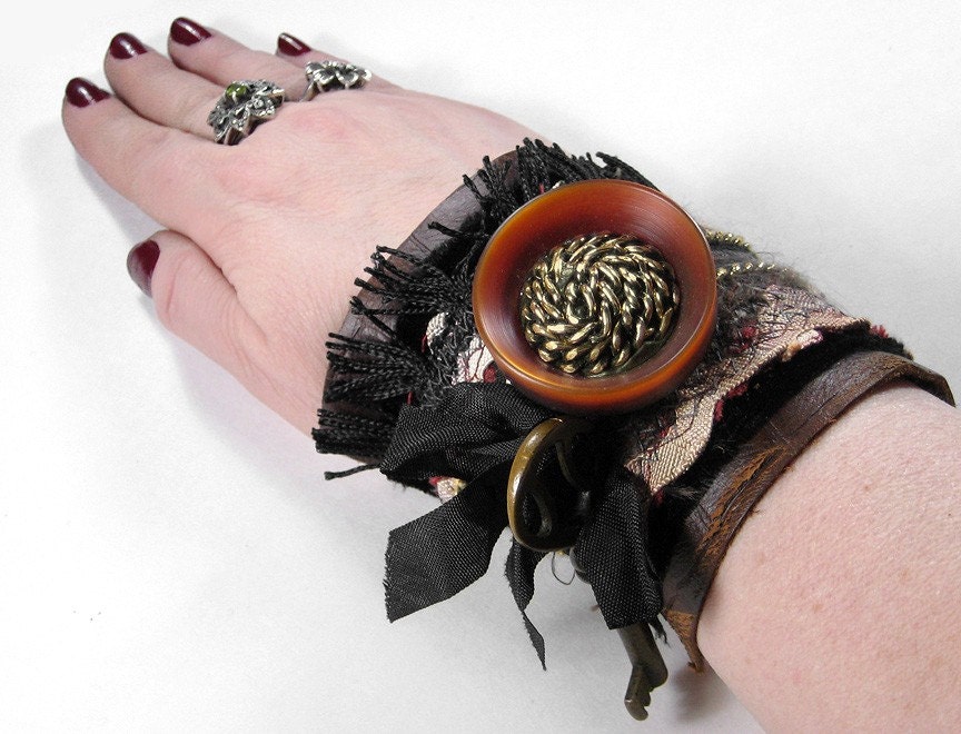 Steampunk Cuff - Victorian Inspired BROWN and RUST ARMBAND Wrist Cuff - STUNNING TRIM with Tassels and SKELETON KEY Brown Leather Vintage Button - One of a Kind Adjustable UNISEX PIECE - Exclusive WEARABLE ART by edmdesigns and 1/2 Street Studio
