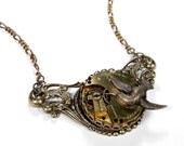 Steampunk Jewelry Necklace Vintage Gold Pocket Watch on VICTORIAN Plaque Brass Bird Wedding STUNNING - Steampunk Jewelry by edmdesigns