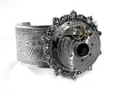 Steampunk Jewelry Bracelet Cuff Silver Adjustable Vintage Pocket Watch Black Crystal INCREDIBLE Women's Cuff - Steampunk by edmdesigns